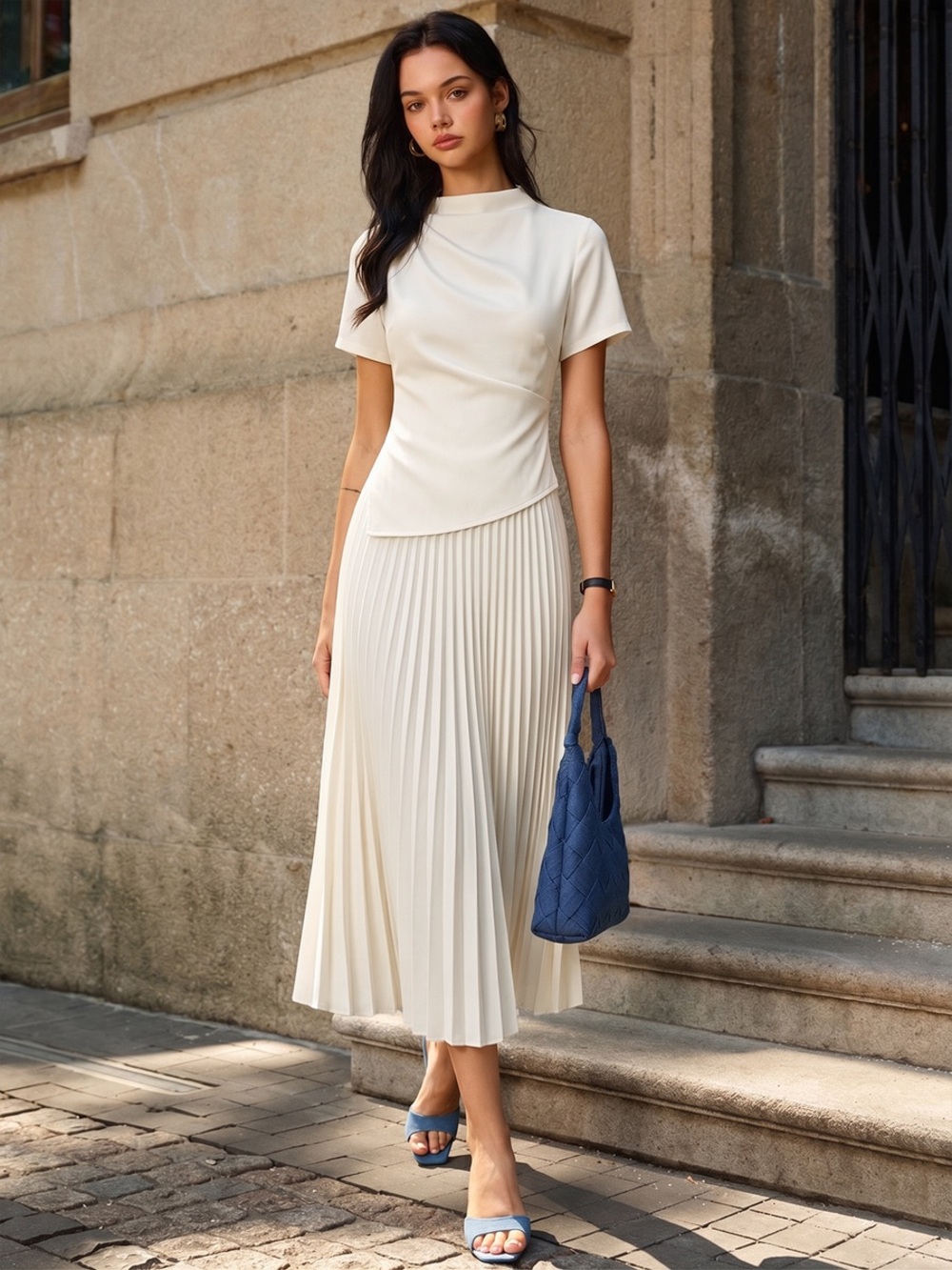 Elegant Cream Pleated Midi Dress - Classic Women's Dress